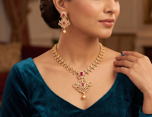 Gold tone cz-ruby-white necklace set dj-03285