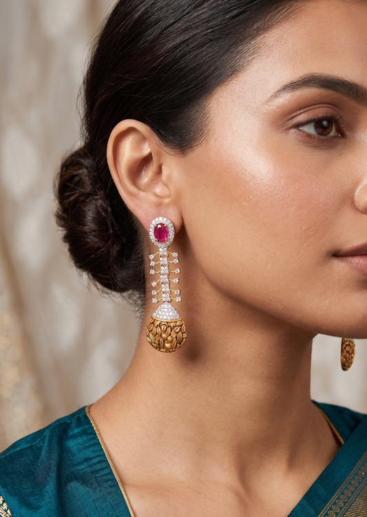 Antique Two tone Cz Long Ruby Earrings dj-03346