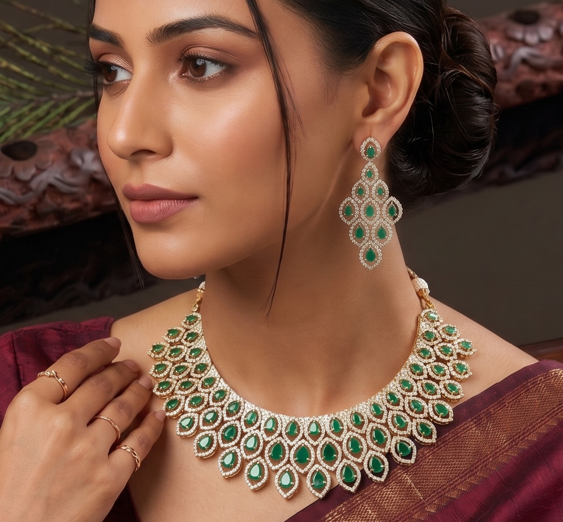 Gold Tone Cz Green Peacock Necklace Set DJ28640