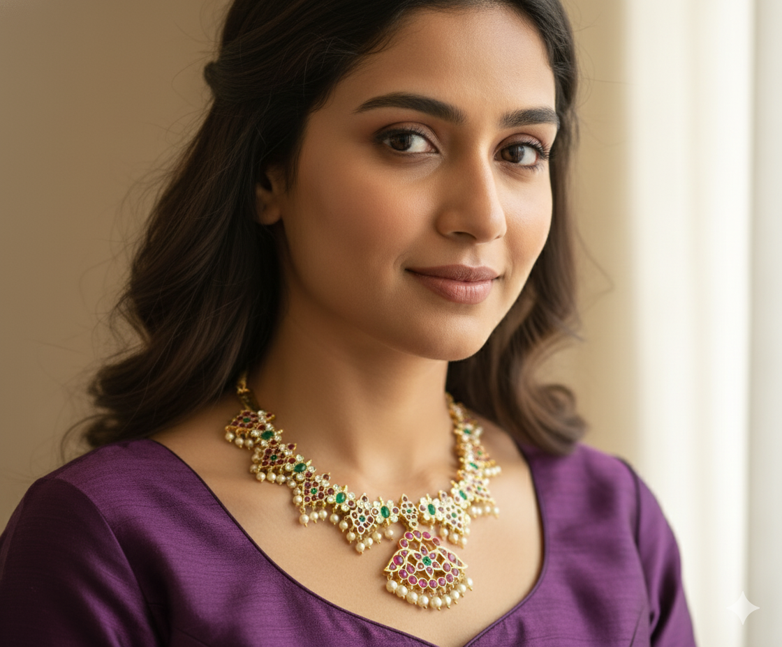 Gold tone precious kemp-green-white pearl necklace dj-46279