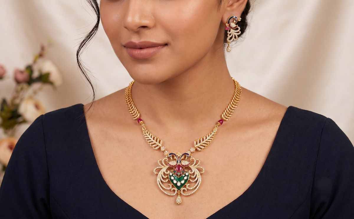 Gold tone cz meenakari peacock Long necklace set dj-03206