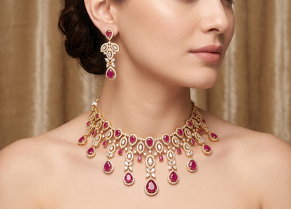 Gold tone cz-ruby bridal choker necklace set dj-03229