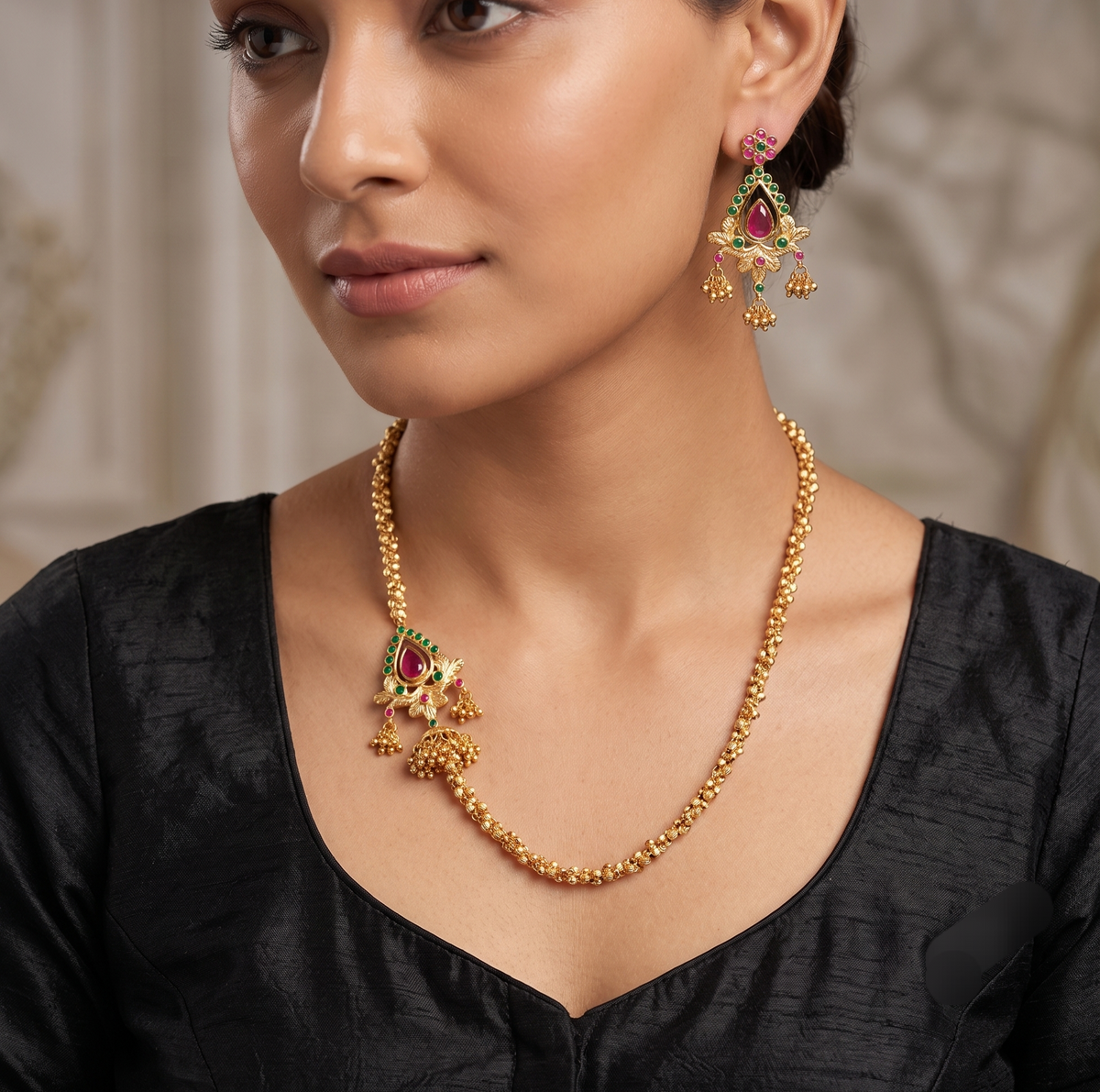Gold tone ruby-emerald mugappu necklace set dj-03240