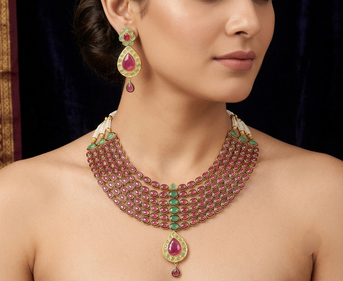 Gold tone semiprecious ruby -emerald multilayer bridal necklace set dj-03174