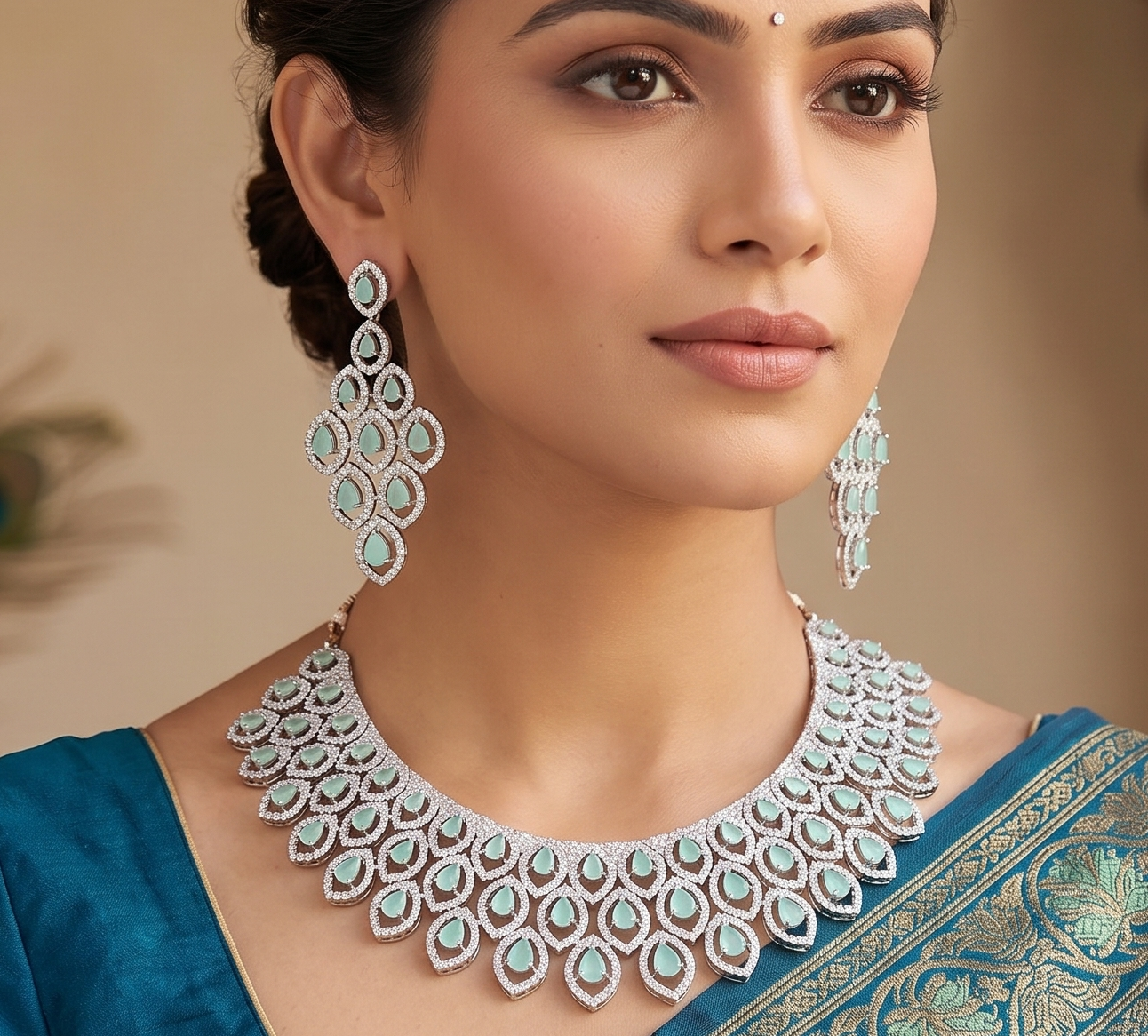 Silver Tone Cz Sea Green Peacock Necklace Set DJ28641