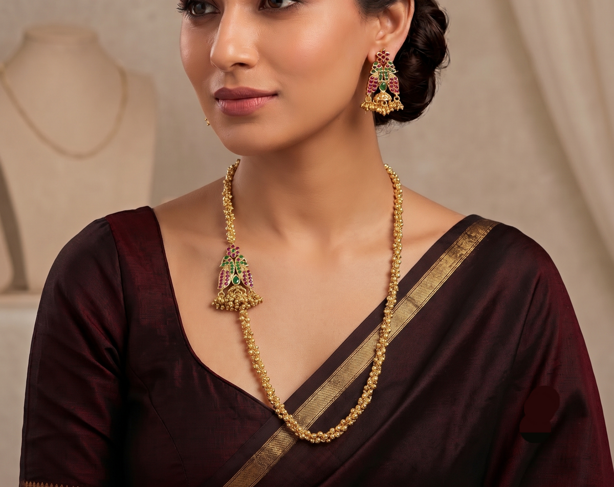 Gold tone ruby emerald mugappu necklace set dj-03237