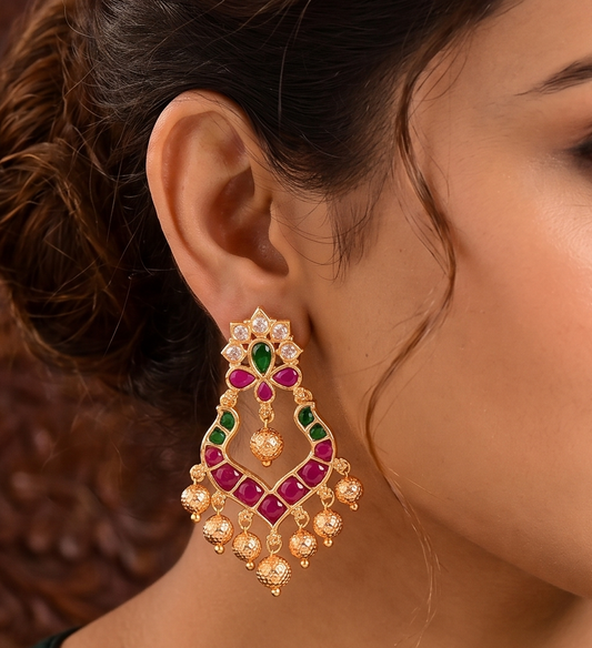 Gold Tone Cz Kemp-green Flower Bali Earrings DJ33376