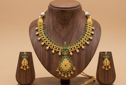 Gold tone emerald necklace set dj-02009
