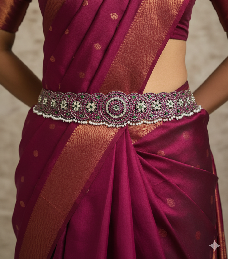 Black finish precious kemp-green-white pearl sun-moon waist band(big) dj-51996