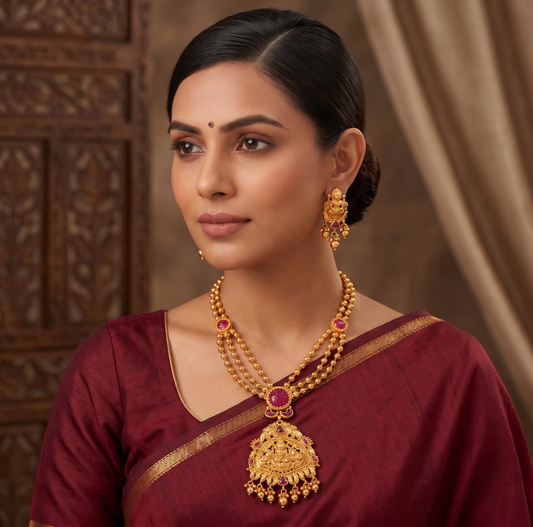 Gold tone multilayer uncut ruby Lakshmi short haar set dj-03330