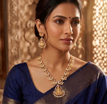 Gold tone Cz-ruby-white swan lakshmi necklace set dj-03413