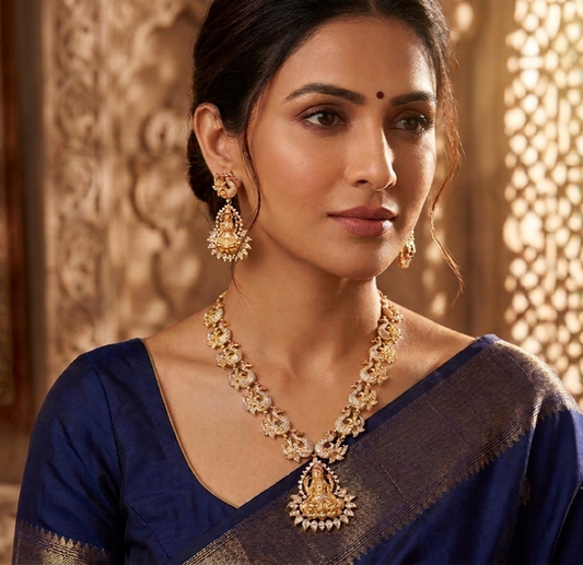 Gold tone Cz-ruby-white swan lakshmi necklace set dj-03413