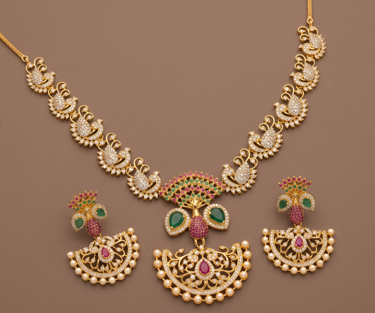 Gold tone cz ruby-emerald peacock necklace set dj-01770