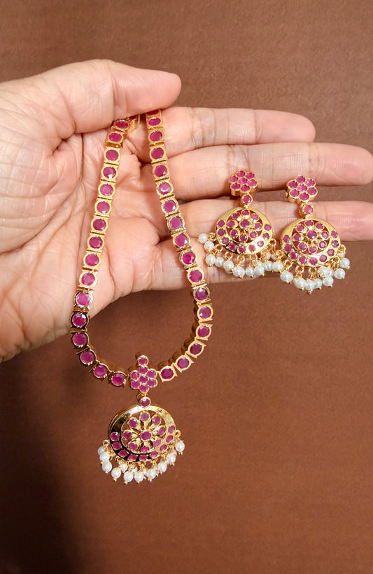 Gold tone ruby south Indian style attigai/necklace set dj-28351