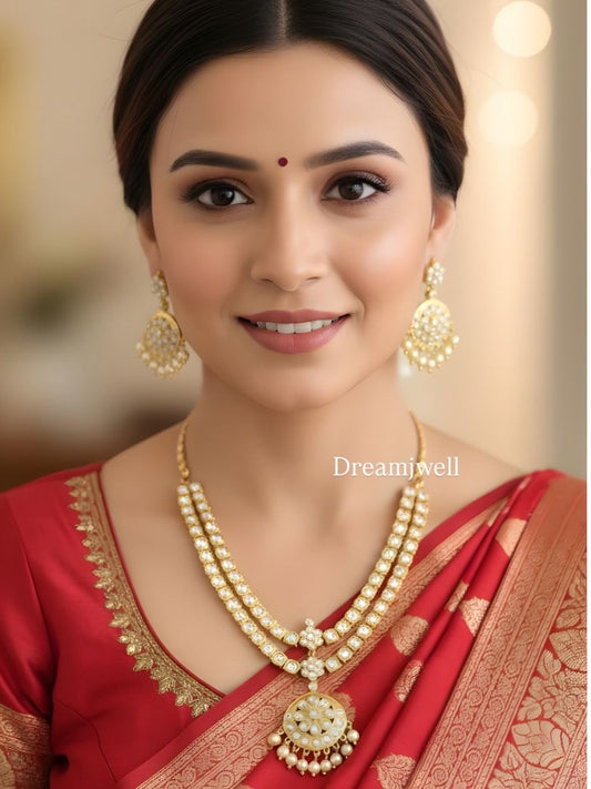 Gold tone AD white south indian style double layer necklace set dj-51672