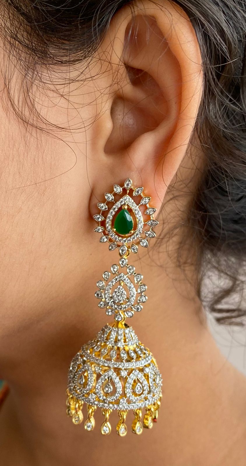Two tone cz emerald long jhumkka dj-51880