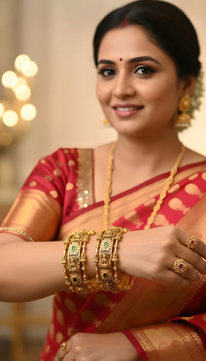 Antique gold tone cz white-ruby-green lakshmi flower combo set of 6 bangles(2.8) dj-48479