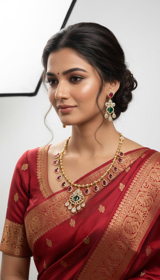 Antique gold tone cz magenta pink-green-white kante necklace set dj-52126