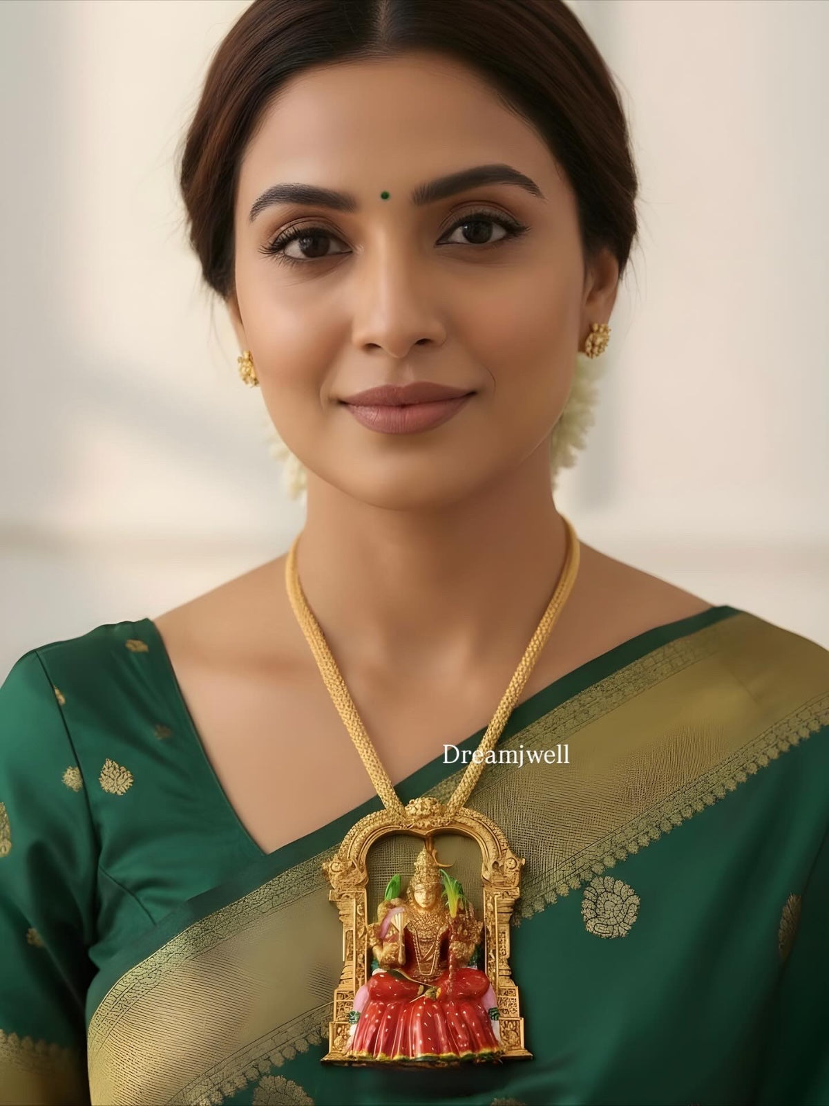 Matte-finish Red-green Meenakari big Ma Kamakshi pendant necklace dj-51815