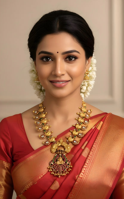 Antique gold tone pink-green kundan jadau Lakshmi-mango short haar set dj-35912