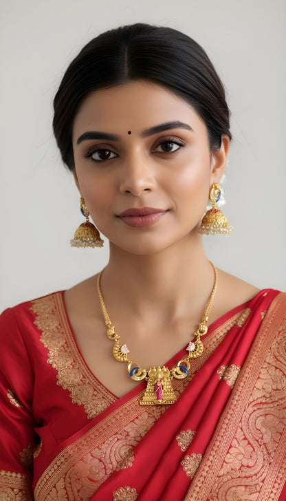 Matte finish Red-pink-blue meenakari Ma Meenakshi necklace set dj-52075