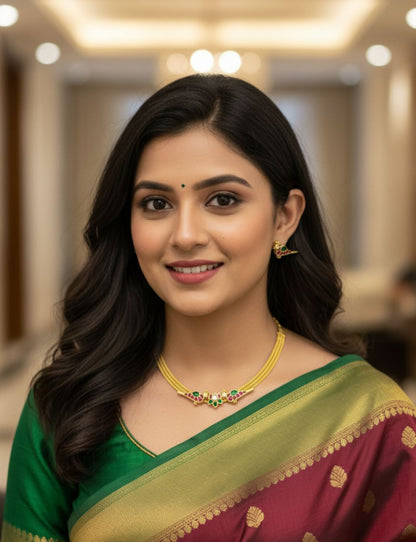 Gold tone pink-green kundan jadau lotus bird choker/necklace set dj-35015