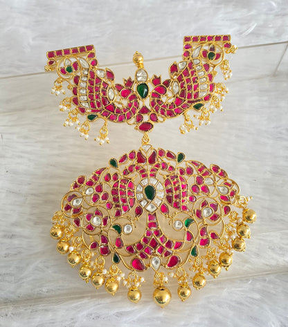 Gold tone pink-green-white kundan jadau ganda berunda pendant dj-50659