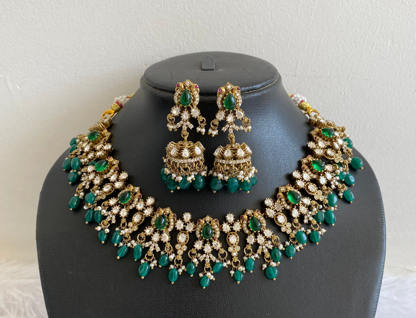 Antique green-white stone victorian green bead peacock necklace set dj-50868