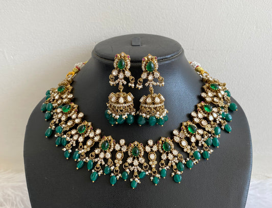 Antique green-white stone victorian green bead peacock necklace set dj-50868