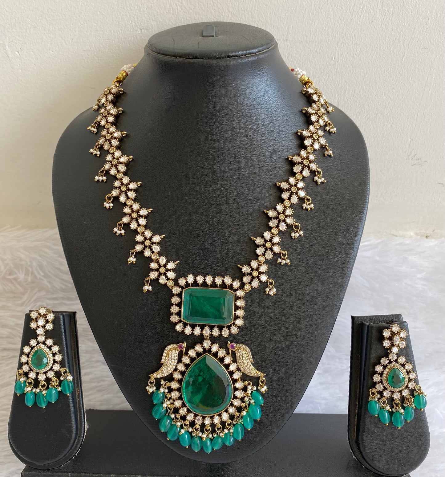 Antique green-white stone green beaded victorian flower peacock necklace set dj-50869