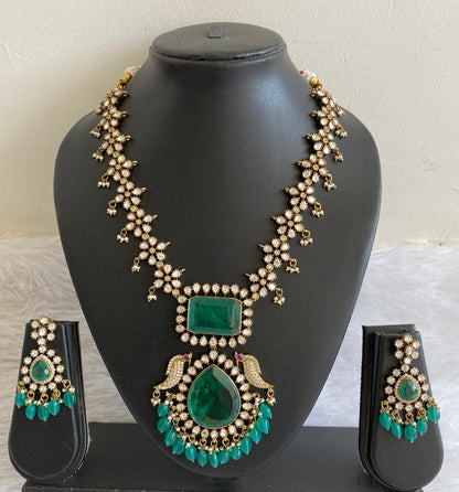 Antique green-white stone green beaded victorian flower peacock necklace set dj-50869