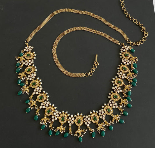 Antique green-white oval stone green beaded victorian waist chain dj-50870