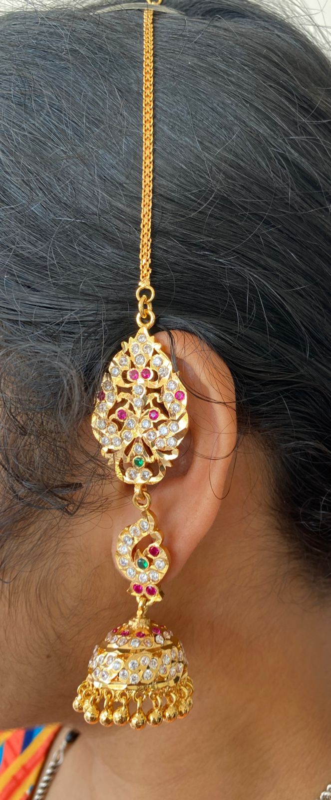 Gold tone AD pink-green south Indian peacock jhumkka with ear side chain dj-53272