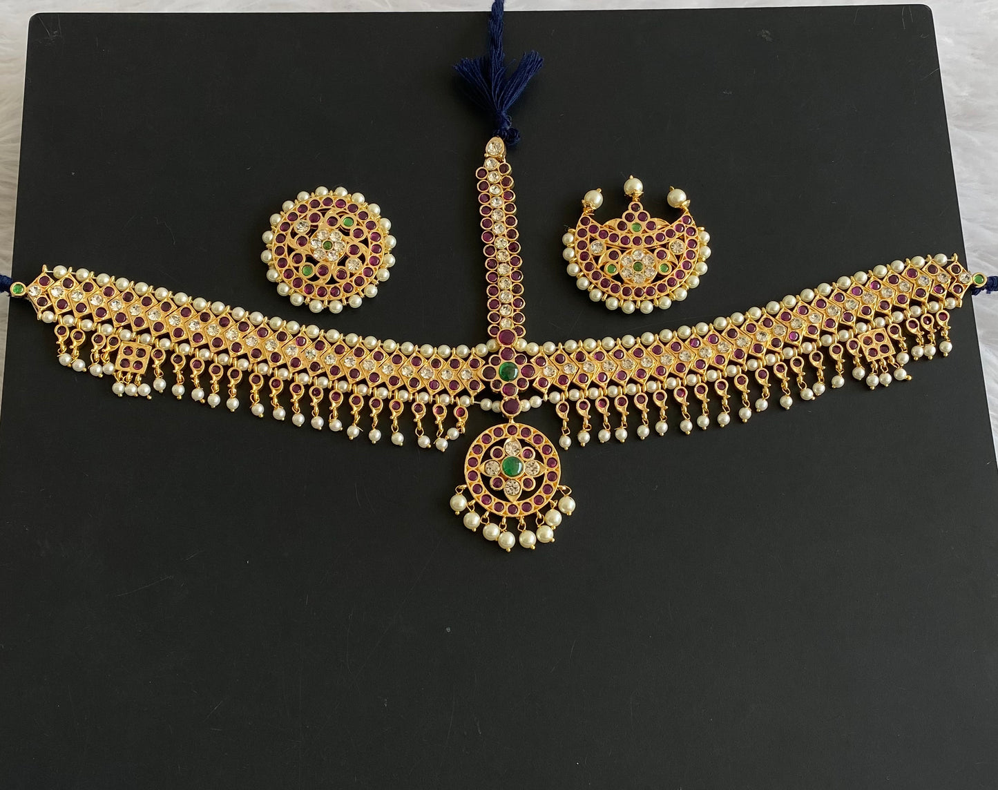 Gold tone precious kemp-green-white pearl mango maang tikka dj-50601