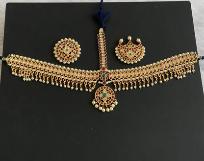 Gold tone precious kemp-green-white pearl mango maang tikka dj-50601