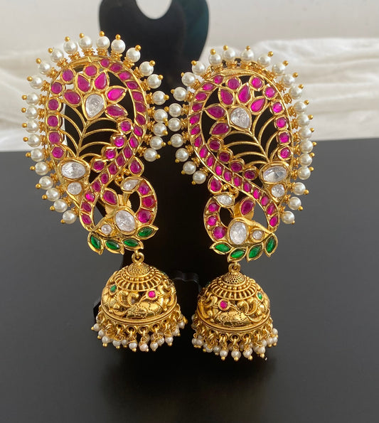 Gold tone kundan jadau big peacock khanpool jhumkka dj-53579