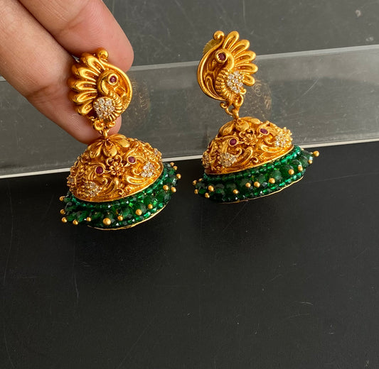 Matte finish cz green cluster peacock jhumkka dj-34391