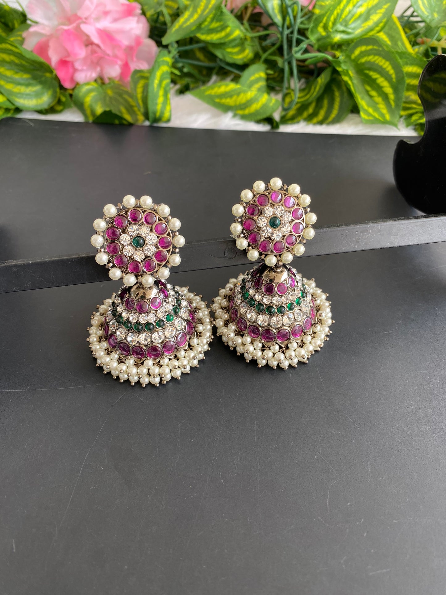 Black finish precious kemp-green-white pearl huge jhumkka dj-50630