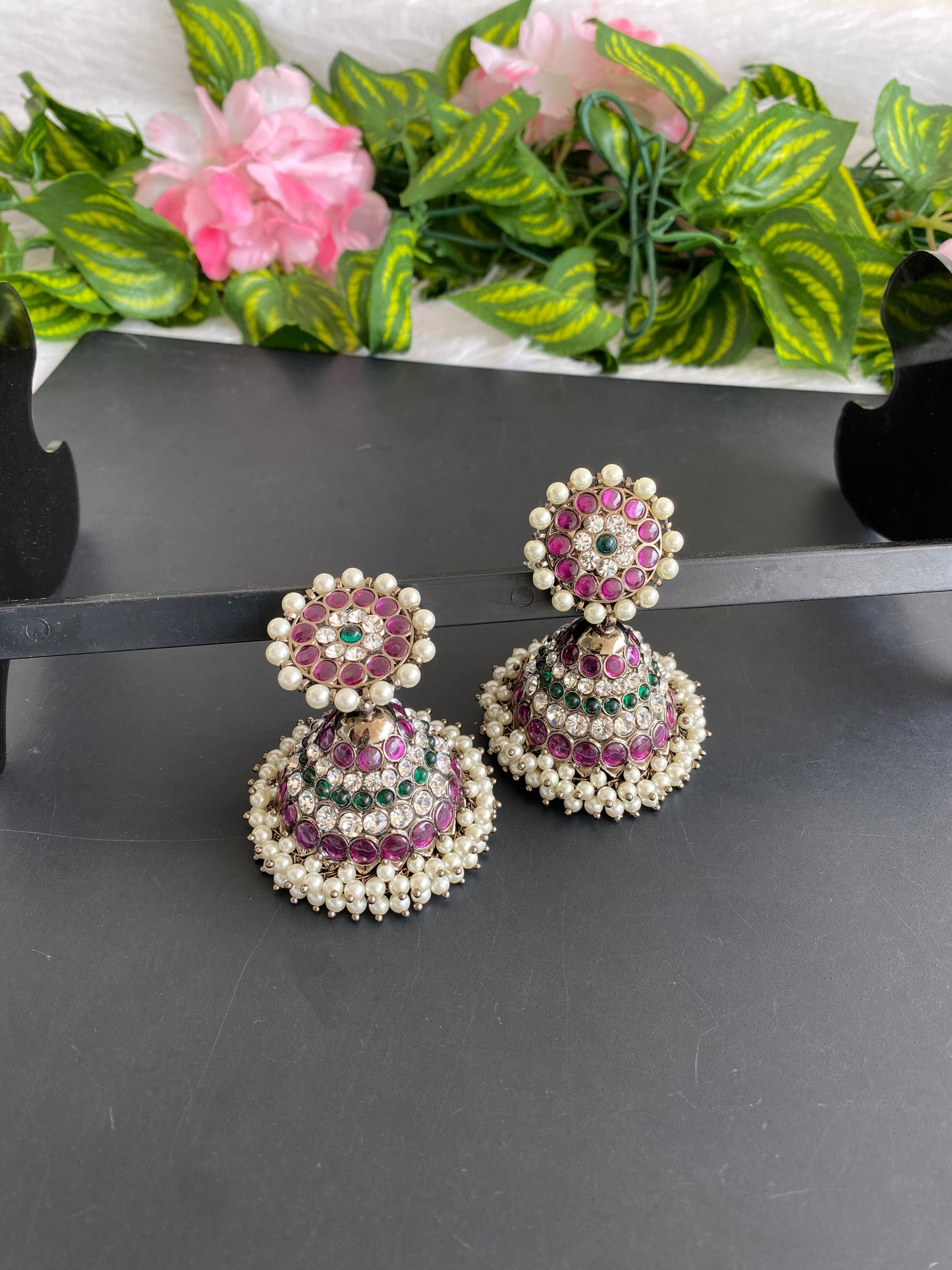 Black finish precious kemp-green-white pearl huge jhumkka dj-50630