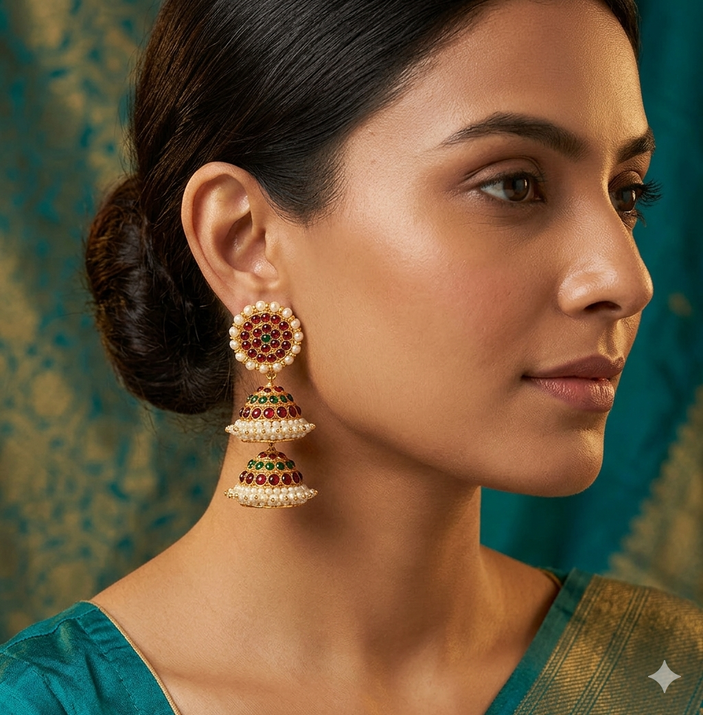 Gold tone kemp-green pearl step jhumkka dj-45737