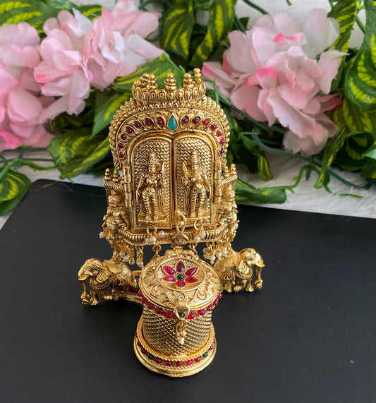Antique gold tone kemp-green Uma Maheshwar Kumkum box dj-36436