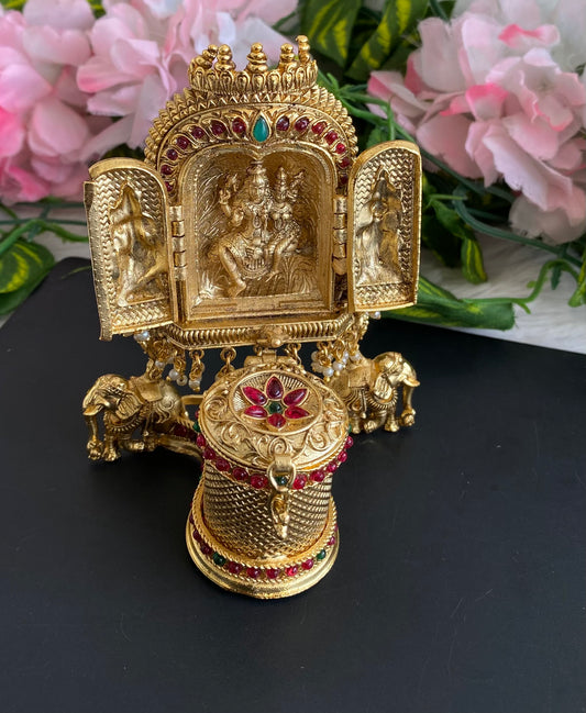 Antique gold tone kemp-green Uma Maheshwar Kumkum box dj-36436