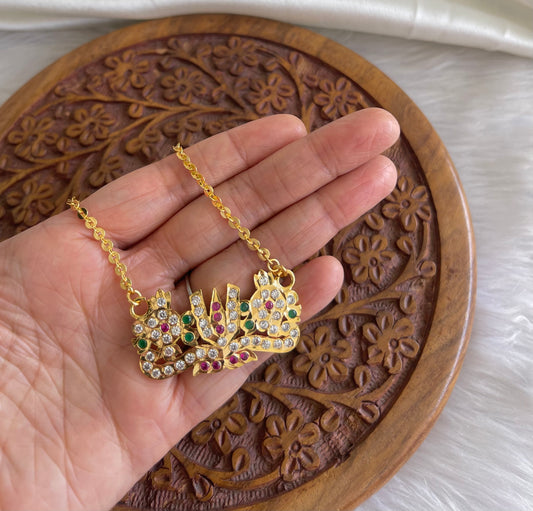 Gold tone AD pink-green Nama-Shanku-Chakra pendant with karimani mala dj-42520