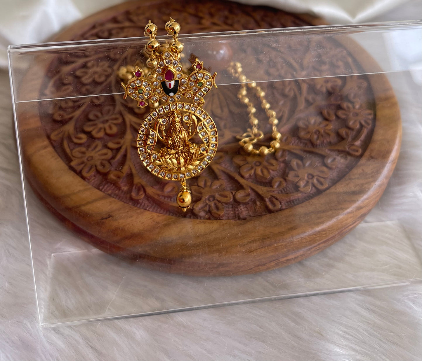 Matt gold tone Cz ruby-green Lakshmi Narayana pendant with ball chain dj-42522