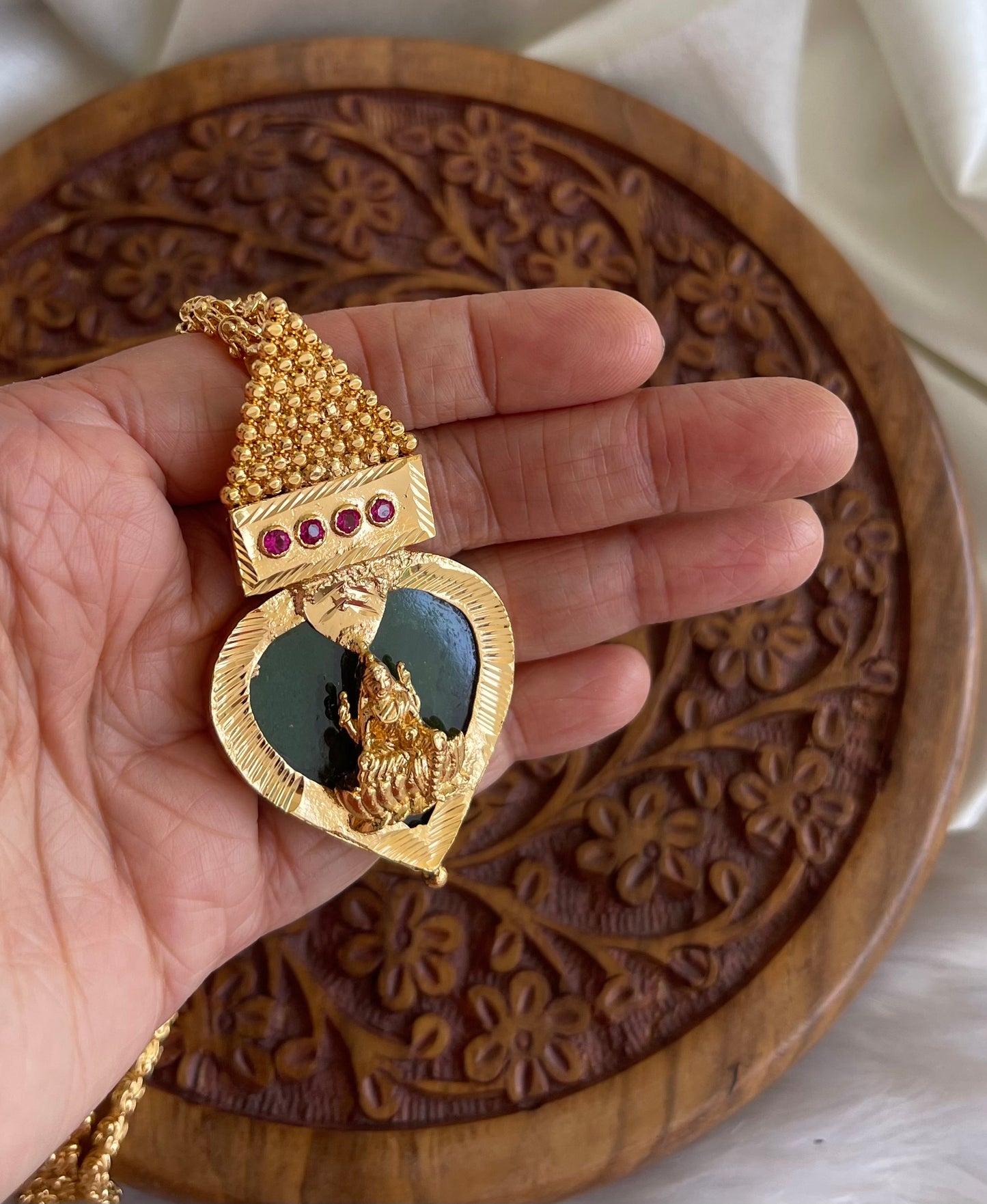 Gold tone Kerala style Green gopi shape Lakshmi pendant with chain dj-42523