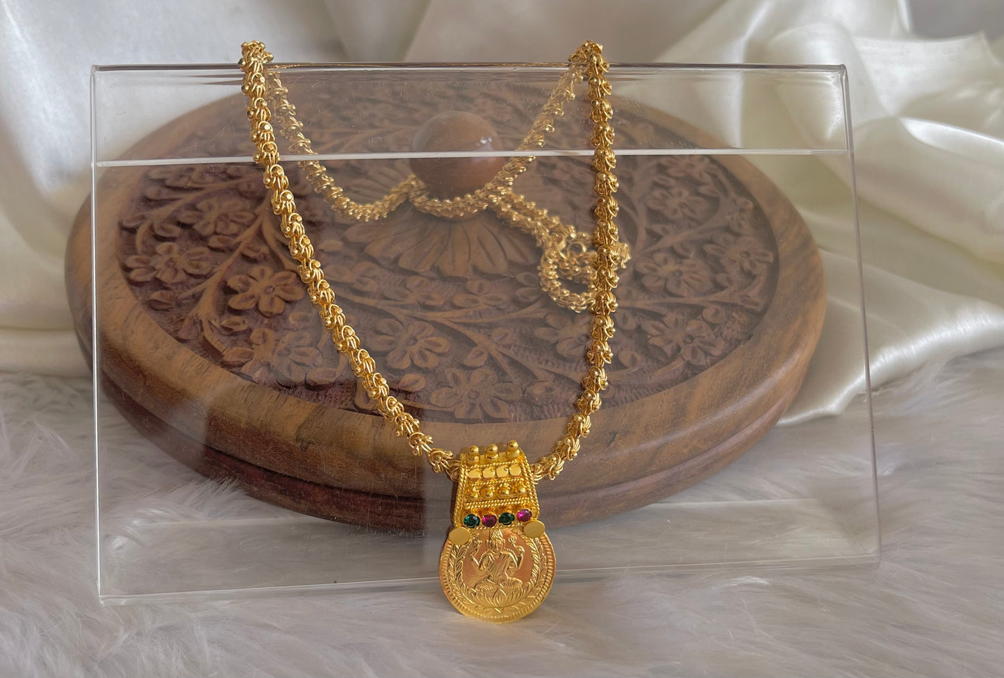 Gold tone Kerala style Pink-green Lakshmi coin pendant with chain dj-42524