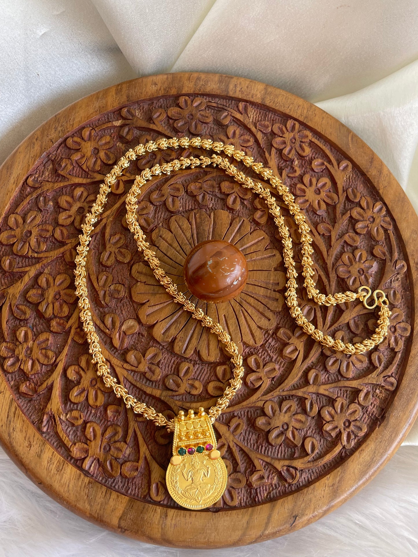 Gold tone Kerala style Pink-green Lakshmi coin pendant with chain dj-42524