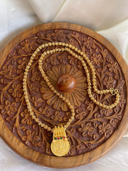 Gold tone Kerala style Pink-green Lakshmi coin pendant with chain dj-42524