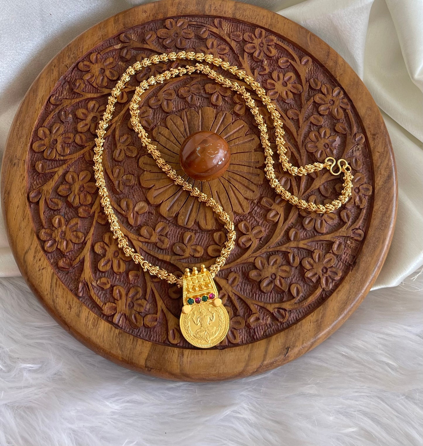 Gold tone Kerala style Pink-green Lakshmi coin pendant with chain dj-42524