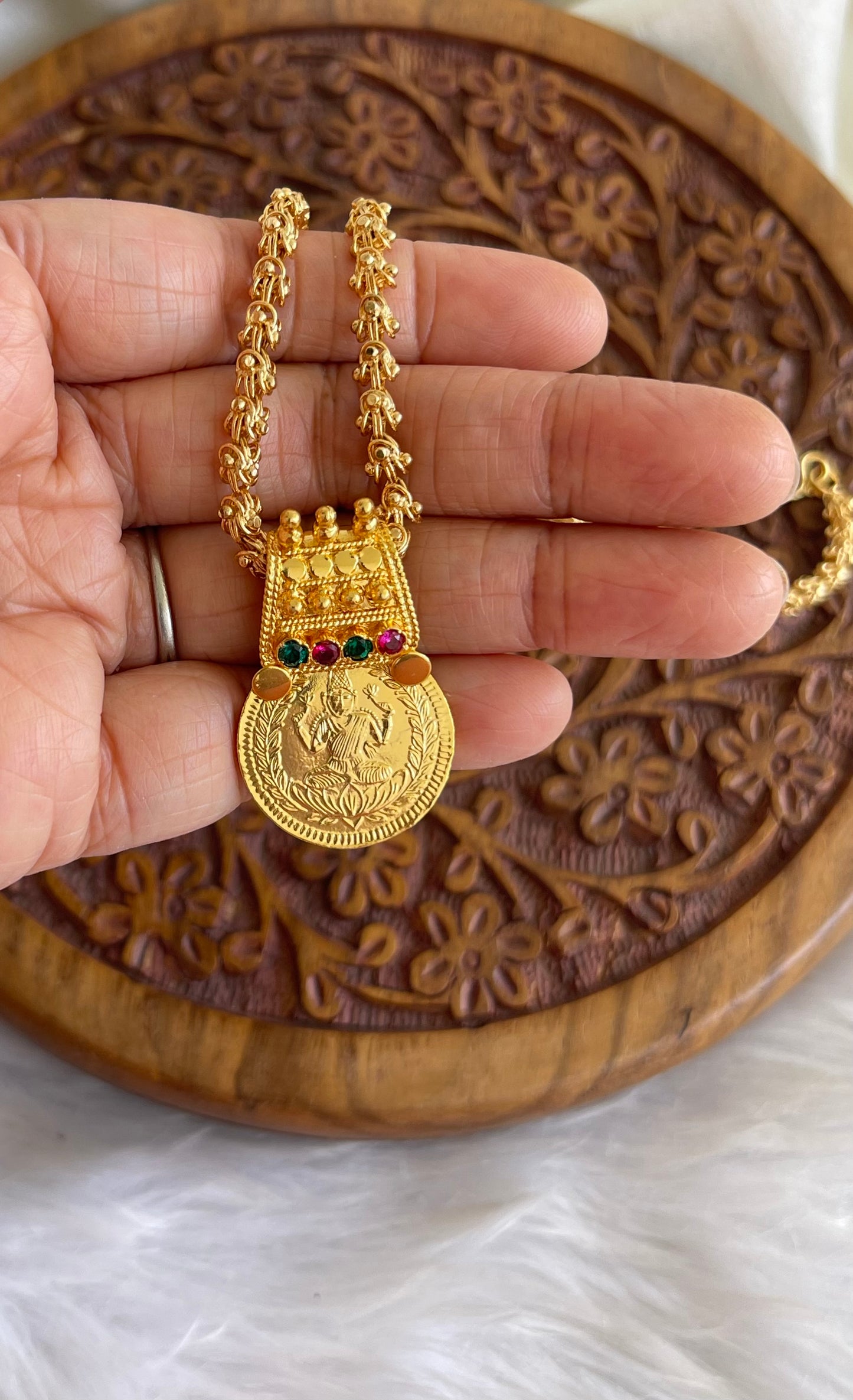 Gold tone Kerala style Pink-green Lakshmi coin pendant with chain dj-42524